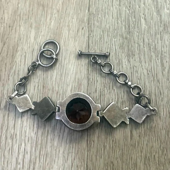 Vintage Faceted Smokey Quartz Gemstone Antique Silver Bracelet w Toggle Closure - Picture 3 of 4